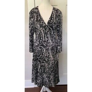 RALPH LAUREN Womens Knit Wrap DRESS 3/4 Sleeve BLACK White PAISLEY Size 12